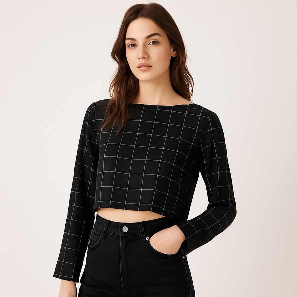 Reformation Black Windowpane Check Long Sleeve Crop Top 100% Tencel‎ Size M